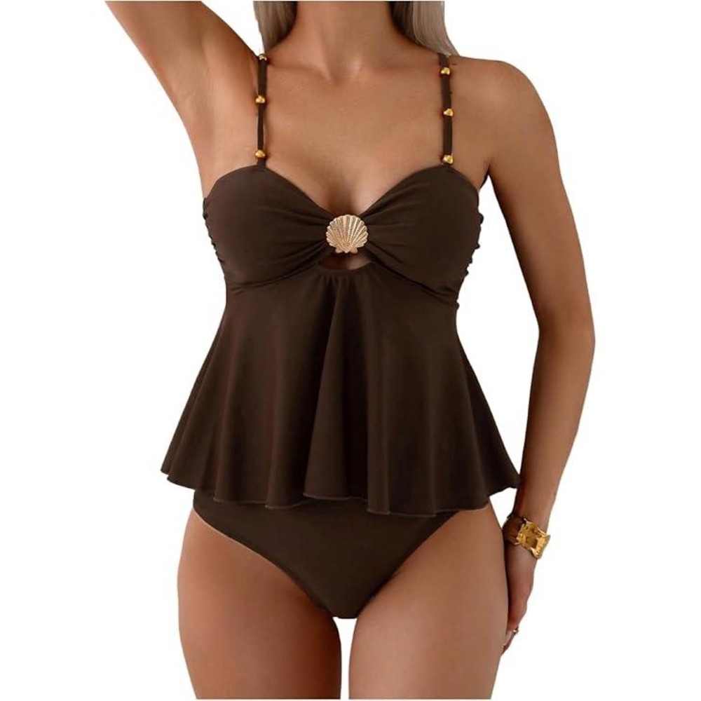 Womens Brown Peplum Tankini High Waisted Swimsuit Shell Detail Size L